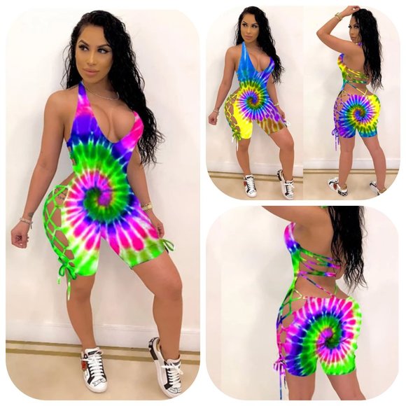 Pants - Bodysuit burning man Festival Rave Sexy Backless Halter Tie-dye Rompers
